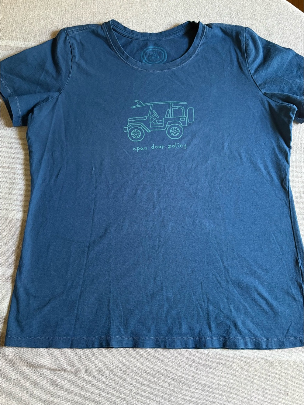 Life is Good Cotton Blue Graphic Tshirt with Jeep Surf Design Women’s Medium